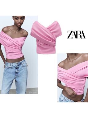 Zara Surplice off the shoulder wrap Top in Pink NWOT
